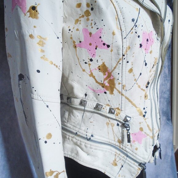 White Moto Jacket Celestial Pink Stars, Vegan Leather, Studs, Wearable Art - Picture 4 of 16